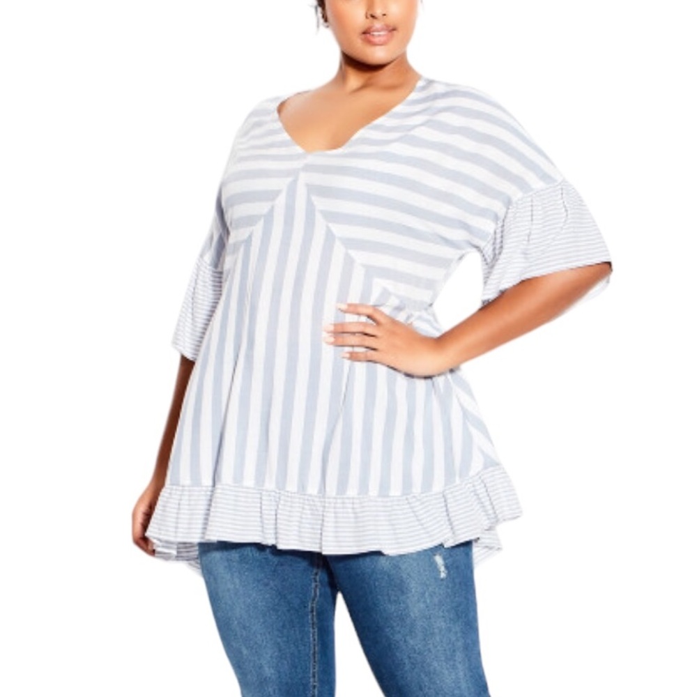 Evans Avenue 30/32 Hattie Stripe Top Tunic Blue White Ruffle Preppy Feminine - Picture 6 of 6